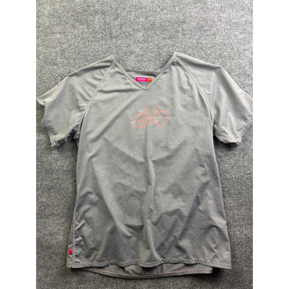 Terry Bicycles Cycling Top Women 1X Gray Short Sleeve V-Neck Graphic Pocket